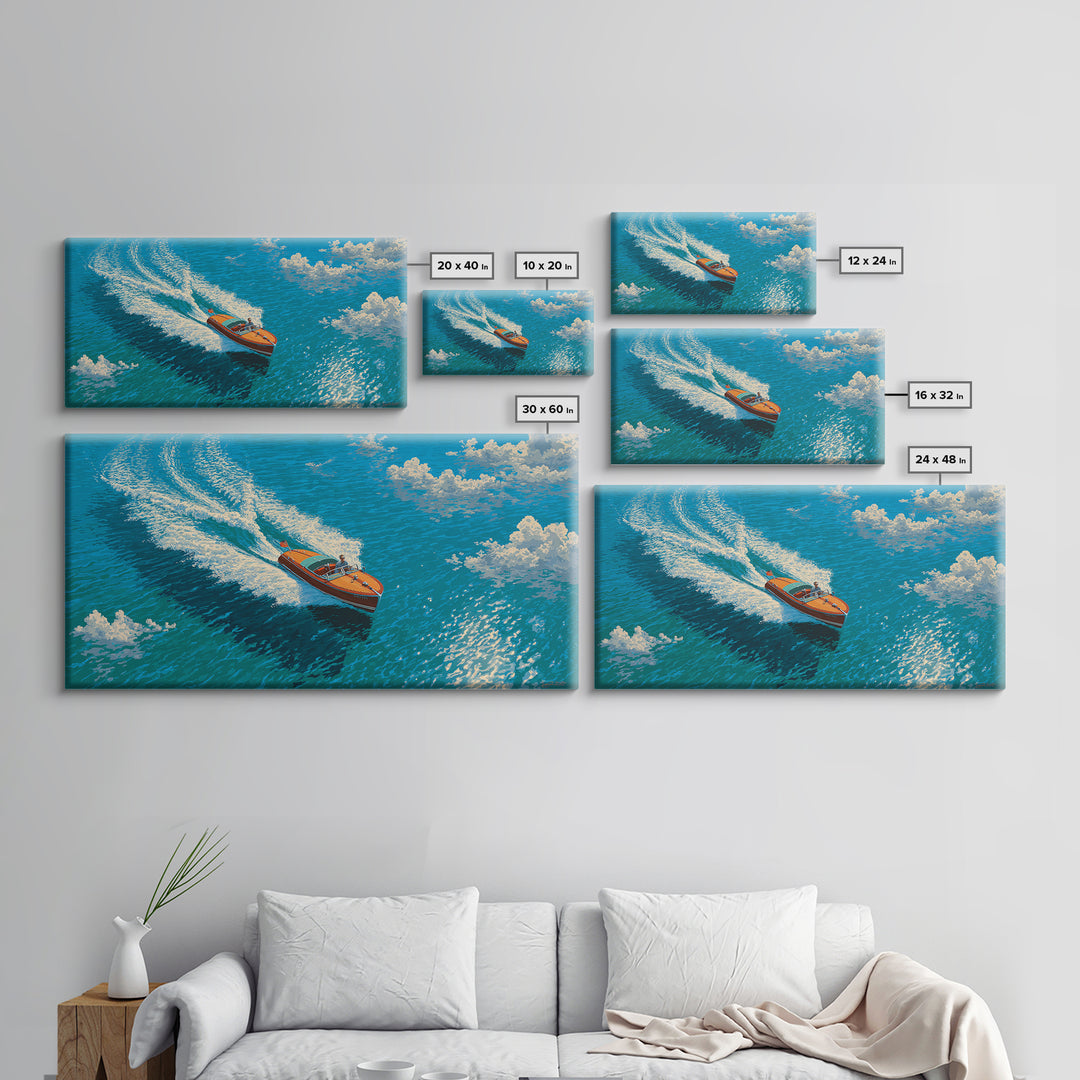 Orange Speedboat On Blue Ocean Canvas Print, Coastal Wall Art, Nautical Beach House Decor, Summer Travel Gift For Him, Art Print