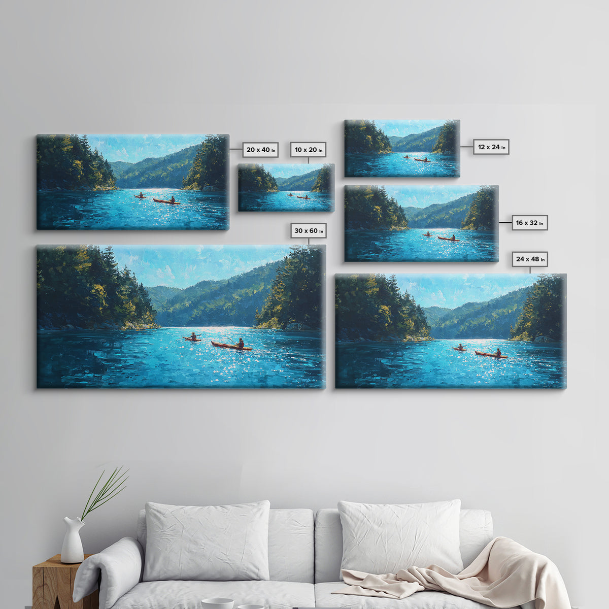 Kayakers On Blue Mountain Lake Wall Art, Forest Landscape Canvas Print, Calming Nature Decor, Serene Cabin Living Room Wall Art