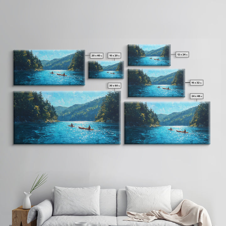 Kayakers On Blue Mountain Lake Wall Art, Forest Landscape Canvas Print, Calming Nature Decor, Serene Cabin Living Room Wall Art