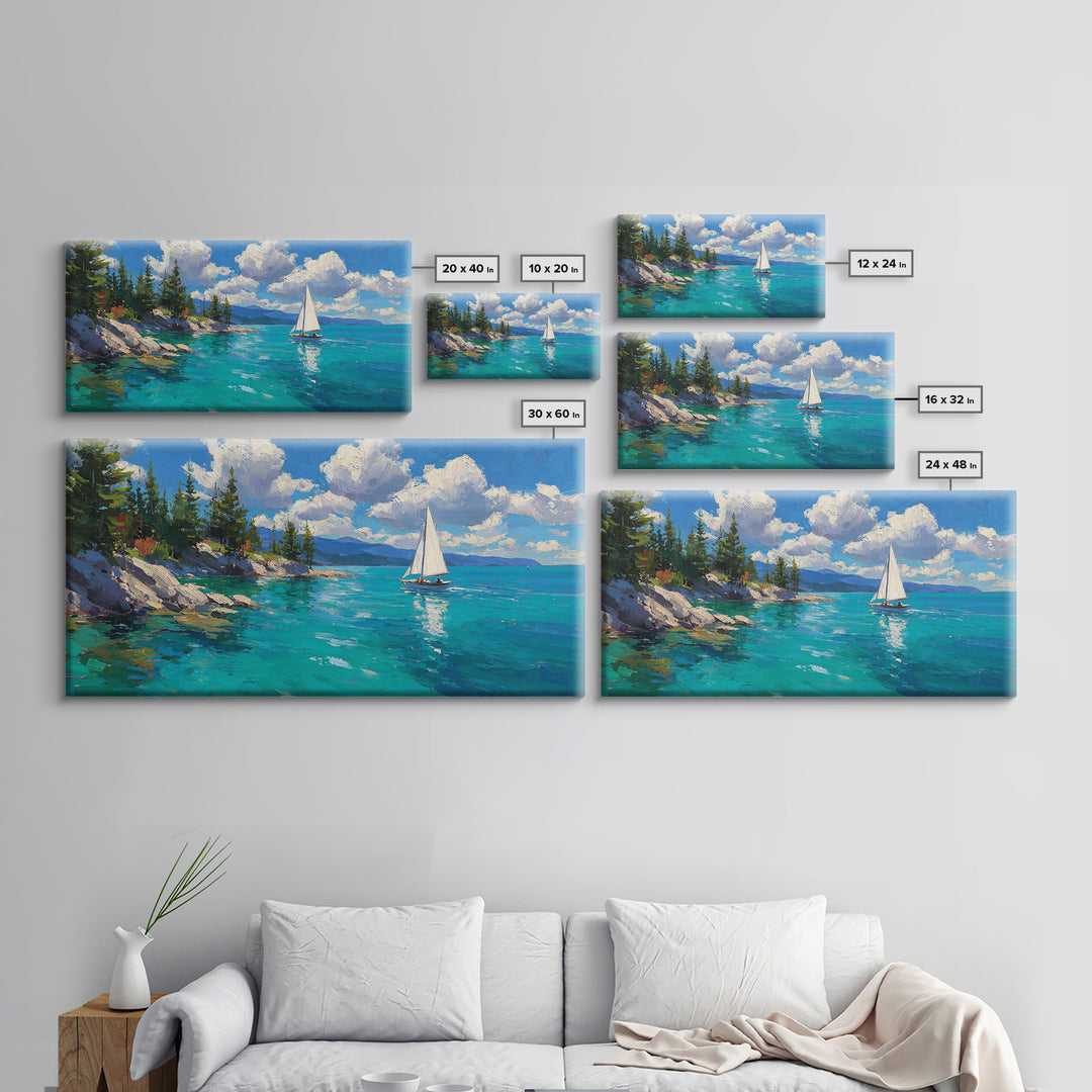 White Sailboat On Turquoise Lake Wall Art, Coastal Landscape Canvas Print, Nautical Decor, Beach House Living Room Wall Art
