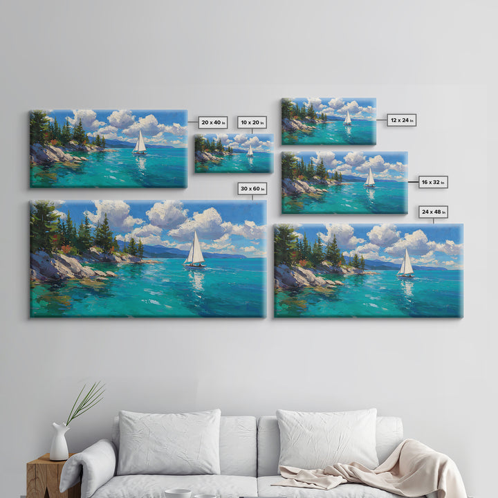 White Sailboat On Turquoise Lake Wall Art, Coastal Landscape Canvas Print, Nautical Decor, Beach House Living Room Wall Art