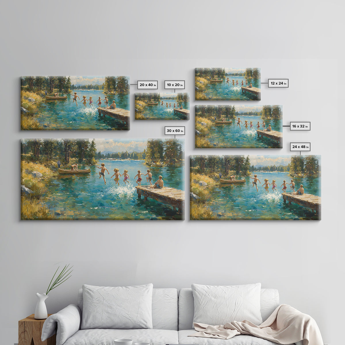 Children Jumping Into Summer Lake Canvas Print, Impressionist Landscape Wall Art, Cabin Decor, Lake House Art, Family Gift