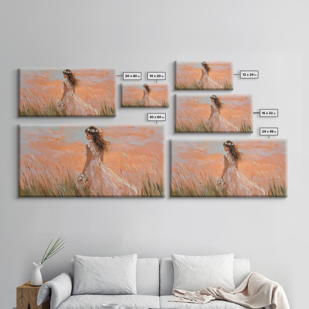 Boho Bride In Golden Meadow Canvas Print, Romantic Feminine Wall Art, Soft Peach Sunset Bedroom Decor, Wedding Gift For Her