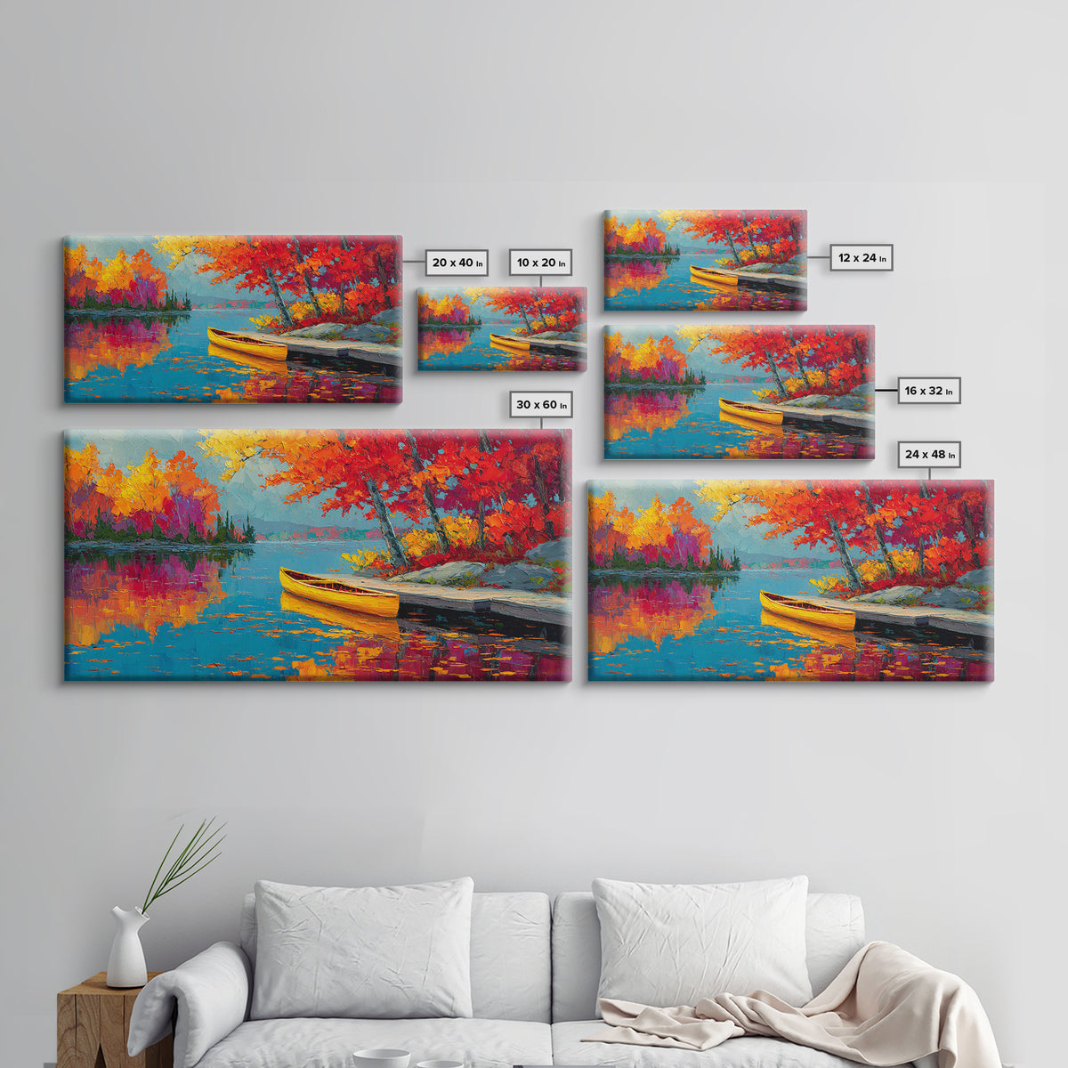Autumn Canoe Lake Painting Canvas Print, Colorful Fall Landscape Wall Art, Lake House Decor, Rustic Cabin Living Room Art