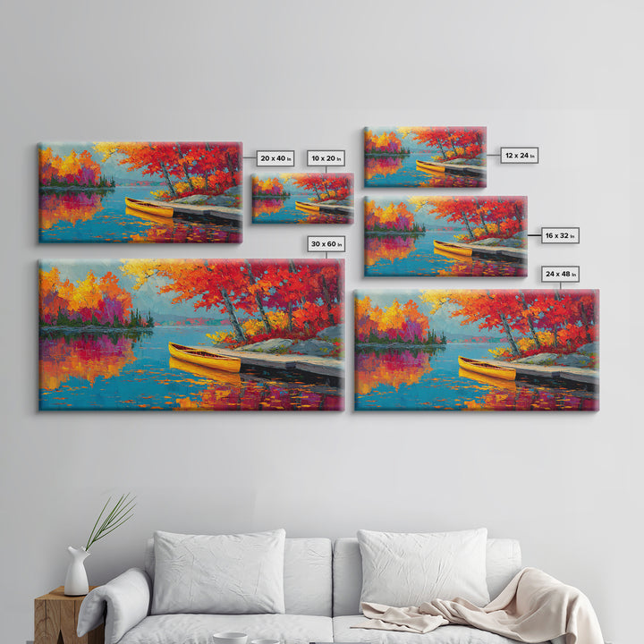 Autumn Canoe Lake Painting Canvas Print, Colorful Fall Landscape Wall Art, Lake House Decor, Rustic Cabin Living Room Art