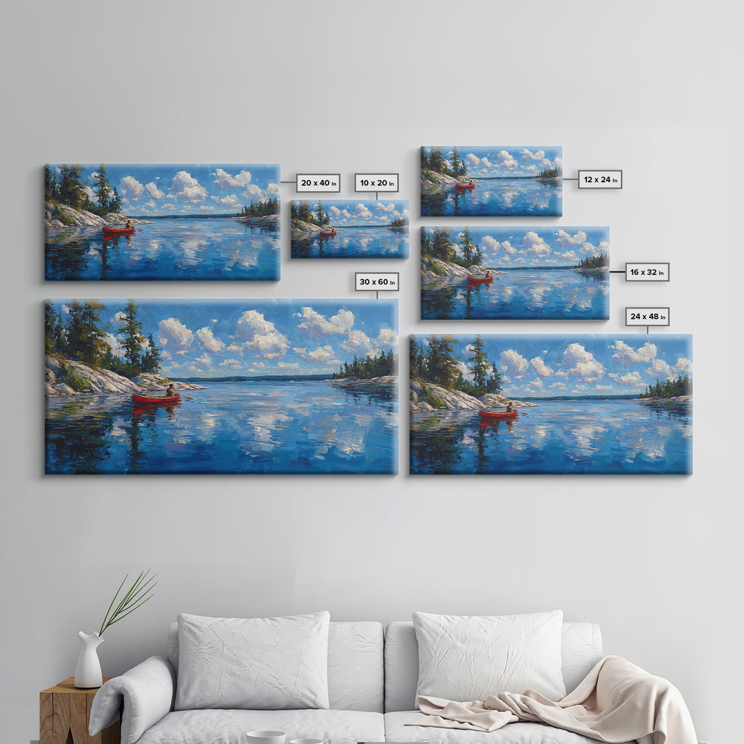 Red Kayak Mountain Lake Wall Art, Blue Water Landscape Canvas, Peaceful Cabin Decor For Lake House, Nature Art Print Gift