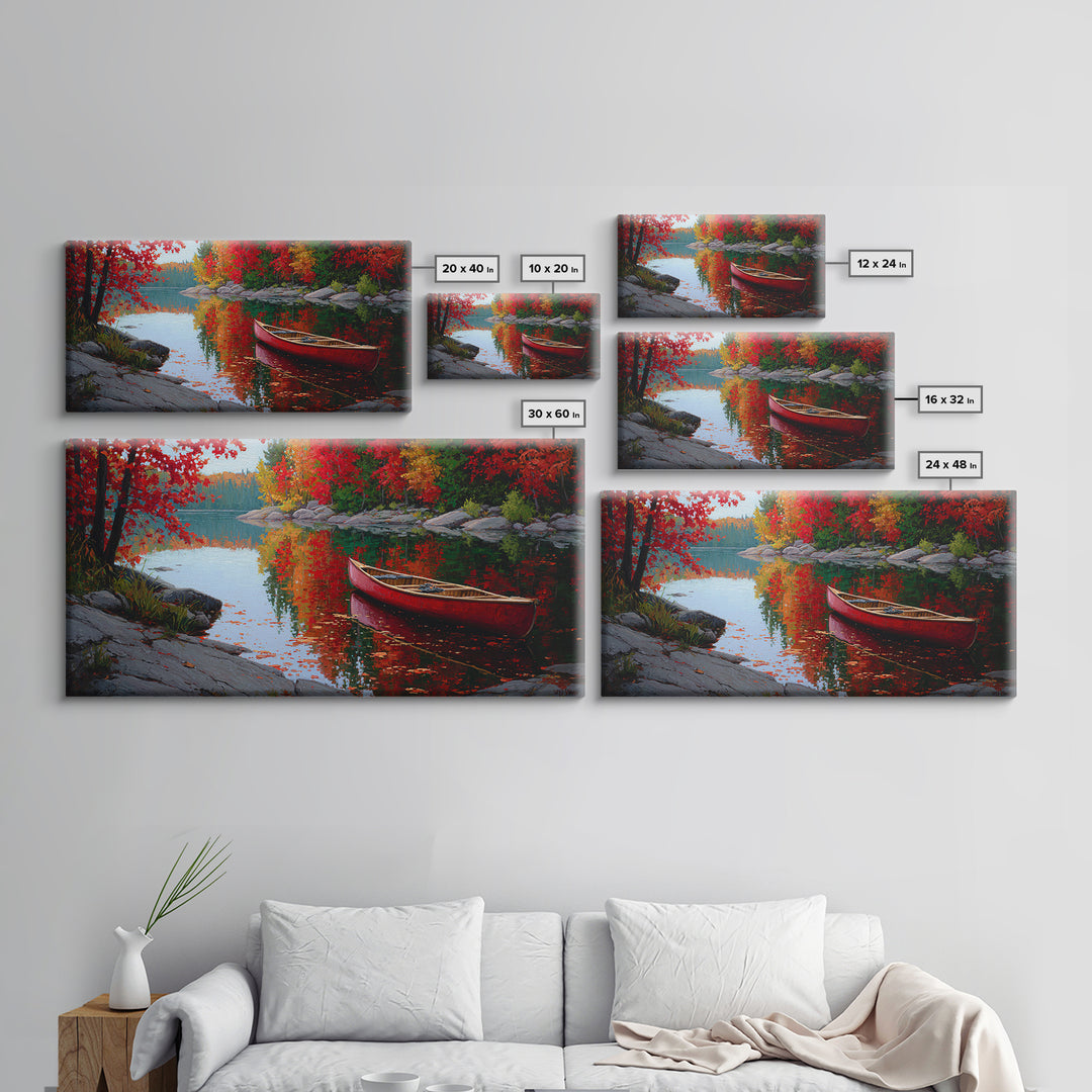 Red Canoe On Autumn Lake Framed Canvas Print, Cabin Wall Art, Fall Landscape Painting, Rustic Lake House Decor, Nature Art Print
