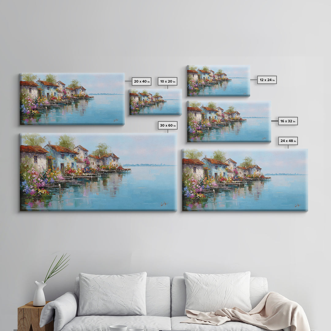 Mediterranean Village Reflected On Blue Water Wall Art, Italian Coastal Canvas Print, Lake Como Decor, European Home Decor