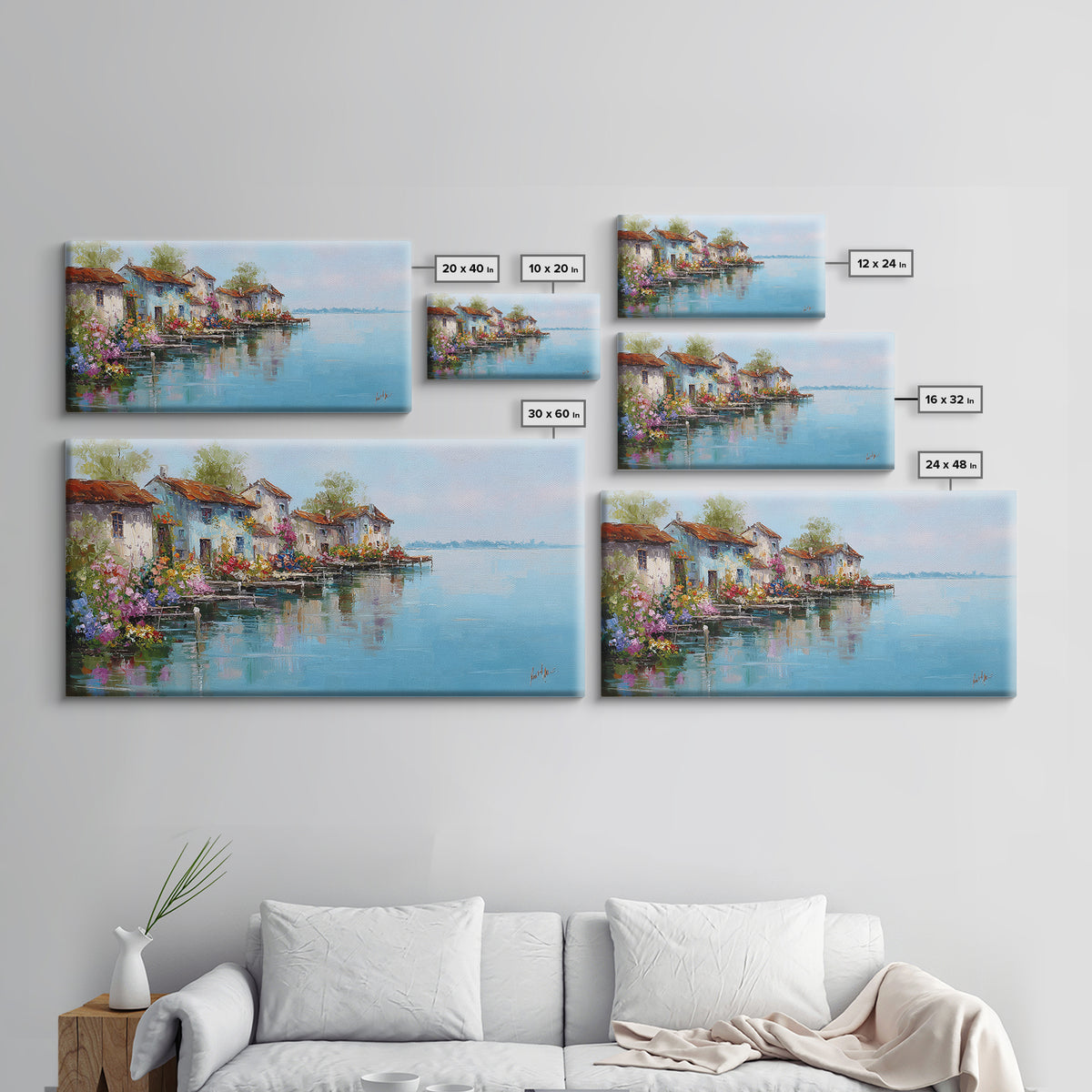 Mediterranean Village Reflected On Blue Water Wall Art, Italian Coastal Canvas Print, Lake Como Decor, European Home Decor