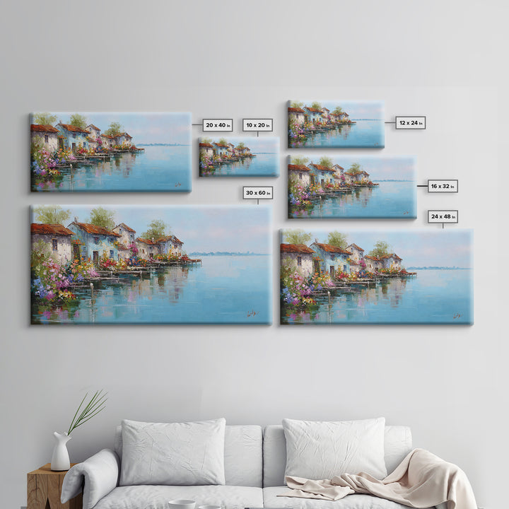 Mediterranean Village Reflected On Blue Water Wall Art, Italian Coastal Canvas Print, Lake Como Decor, European Home Decor