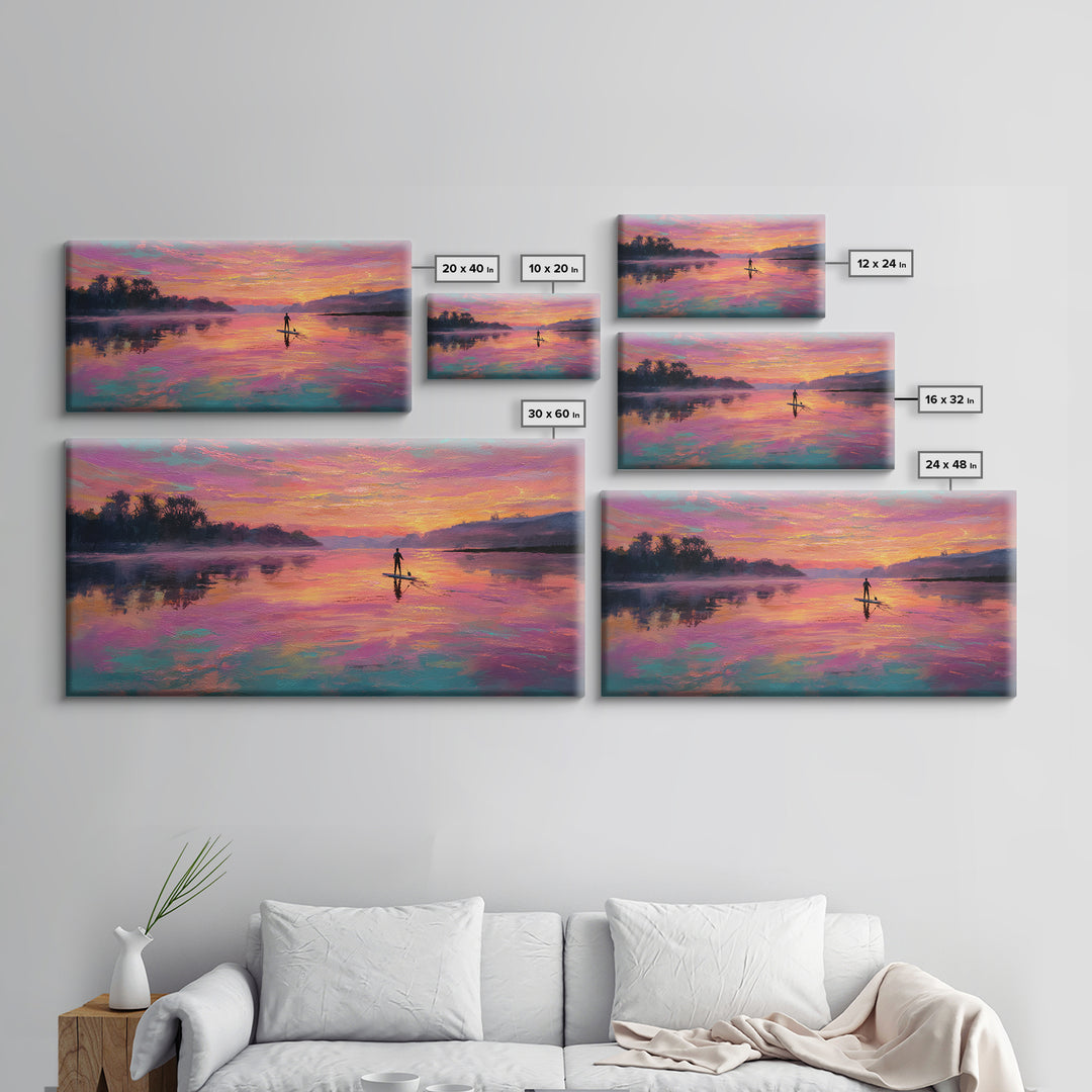 Paddleboarder On Pink Sunset Lake Wall Art, Colorful Seascape Canvas Print, Romantic Coastal Decor, Large Living Room Art