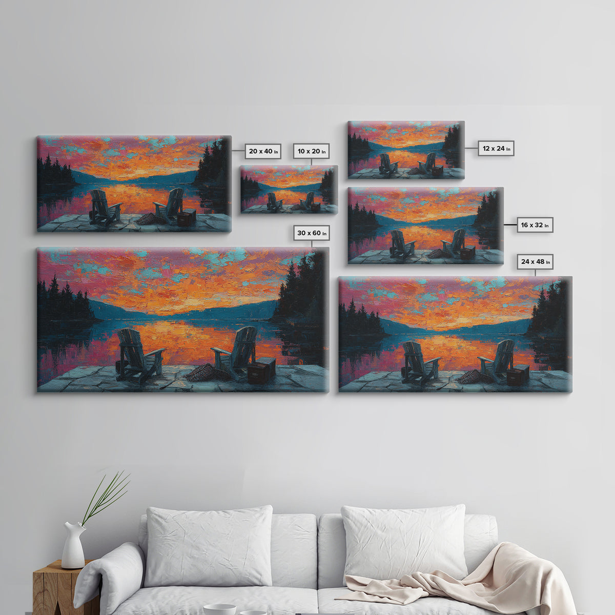 Two Adirondack Chairs By Vivid Lake Sunset Canvas Print, Cabin Wall Art, Rustic Decor, Lake House Decor, Cozy Gift For Living Room