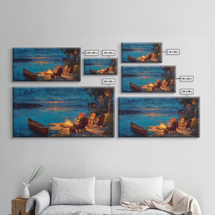 Cozy Lakeside Campfire Wall Art, Adirondack Chairs And Canoe Canvas, Rustic Lake House Cabin Decor For Living Room Decor