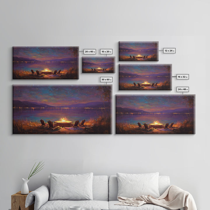 Campfire By Starlit Mountain Lake Canvas Print, Cozy Cabin Wall Decor, Rustic Landscape Art, Nature Lover Home Decor Gift