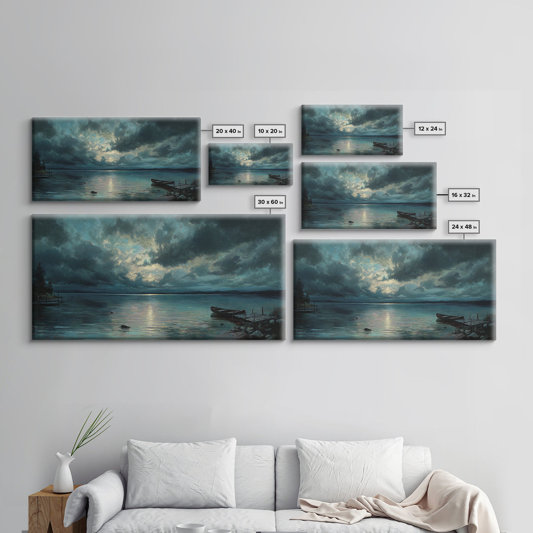 Stormy Moonlit Lake With Rowboat Wall Art, Moody Seascape Canvas Print, Dark Coastal Landscape Art, Living Room Decor, Office Decor