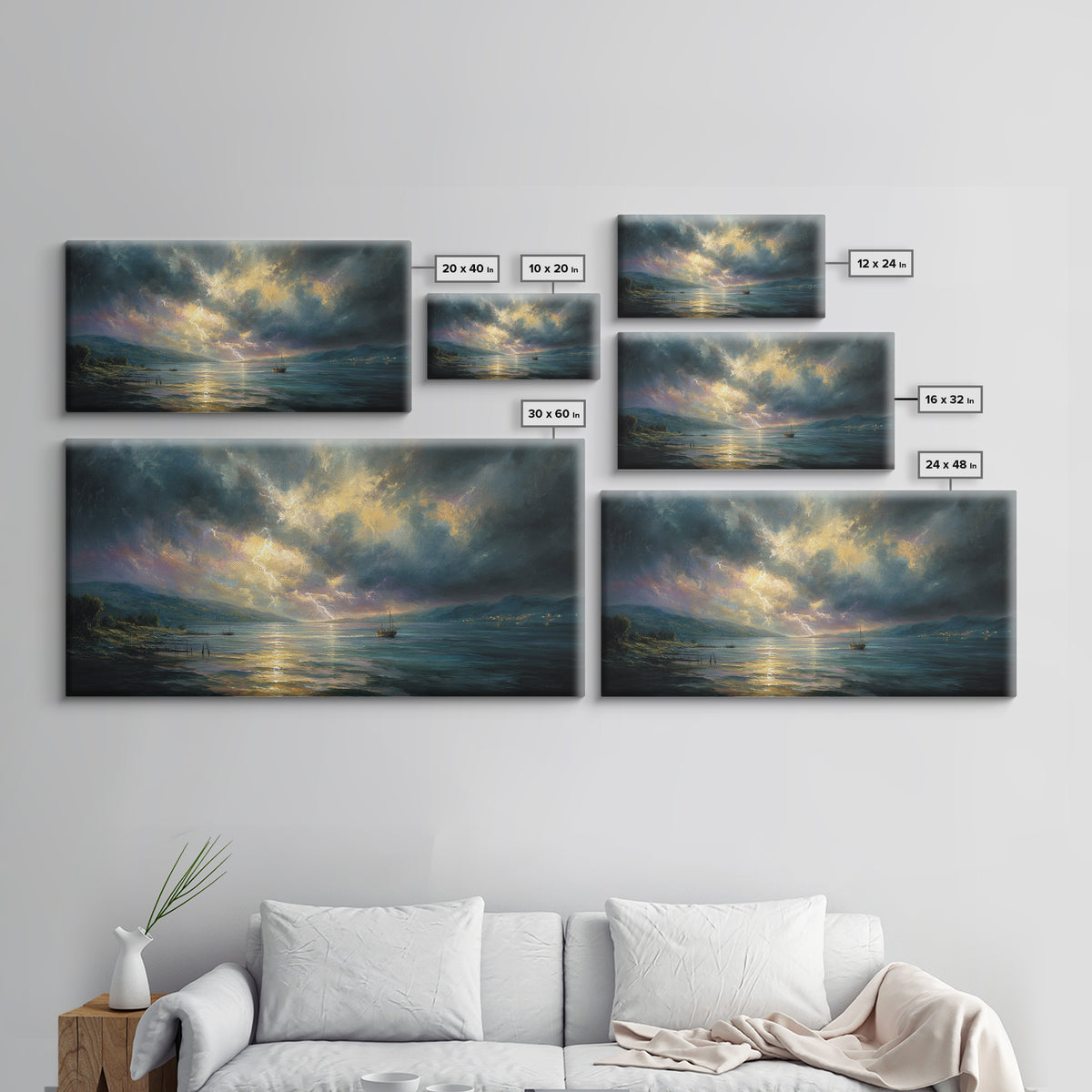 Stormy Ocean Lightning Seascape Canvas Print, Moody Wall Art, Nautical Decor, Coastal Landscape, Large Living Room Art Print