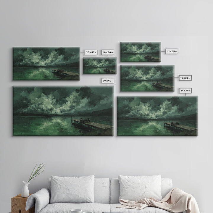 Moody Green Lake Dock At Stormy Night Wall Art, Dark Landscape Canvas Print, Rustic Cabin Decor, Emerald Nature Painting