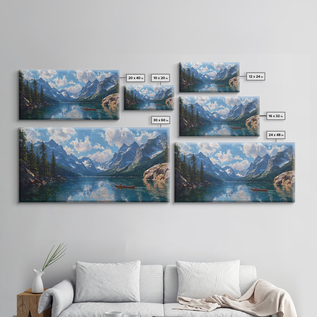 Mountain Lake Canoe Wall Art, Alpine Landscape Canvas Print, Serene Nature Decor, Large Rustic Cabin Gift For Living Room