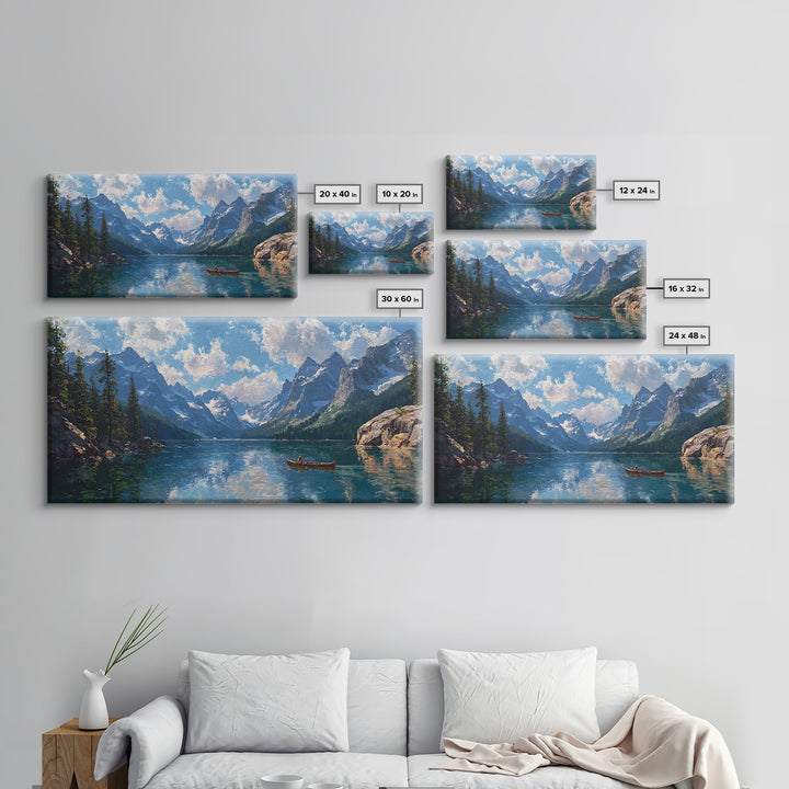 Mountain Lake Canoe Wall Art, Alpine Landscape Canvas Print, Serene Nature Decor, Large Rustic Cabin Gift For Living Room