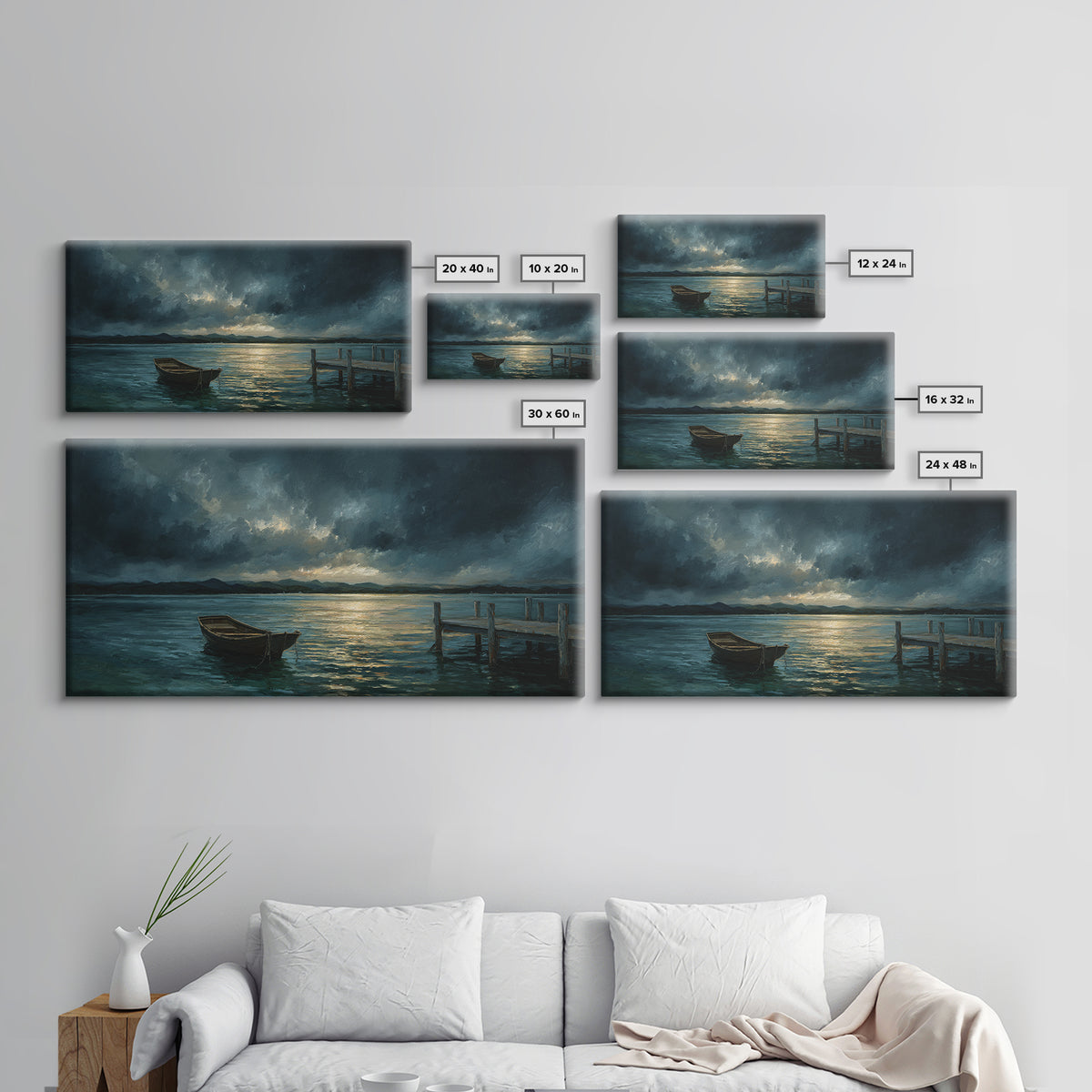 Stormy Row Boat And Wooden Dock Seascape Wall Art, Moody Ocean Canvas Print, Coastal Decor, Nautical Wall Decor Gift For Him