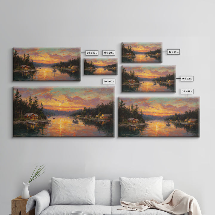 Glowing Lakeside Cabins At Sunset Framed Canvas Print, Rustic Lake House Wall Art, Cabin Decor, Landscape Painting, Living Room Decor