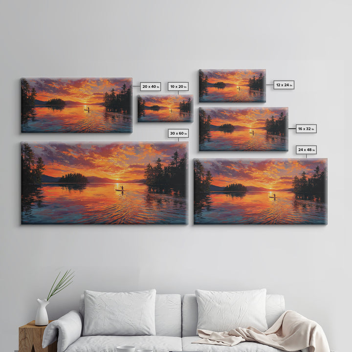 Fiery Sunset Kayaker On Mountain Lake Wall Art, Canvas Print, Outdoor Adventure Decor, Lake House Gift, Large Wall Art, Sunset Painting