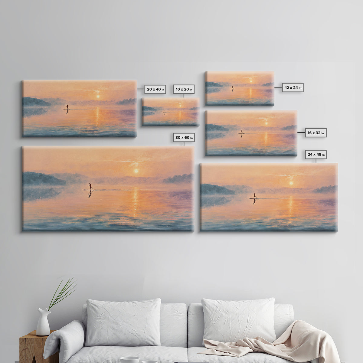 Minimal Paddleboarder On Misty Sunrise Lake Canvas Print, Calming Wall Art, Coastal Decor, Minimalist Landscape Art, Bedroom Decor
