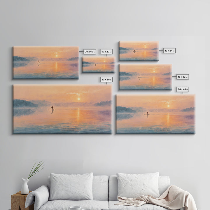 Minimal Paddleboarder On Misty Sunrise Lake Canvas Print, Calming Wall Art, Coastal Decor, Minimalist Landscape Art, Bedroom Decor