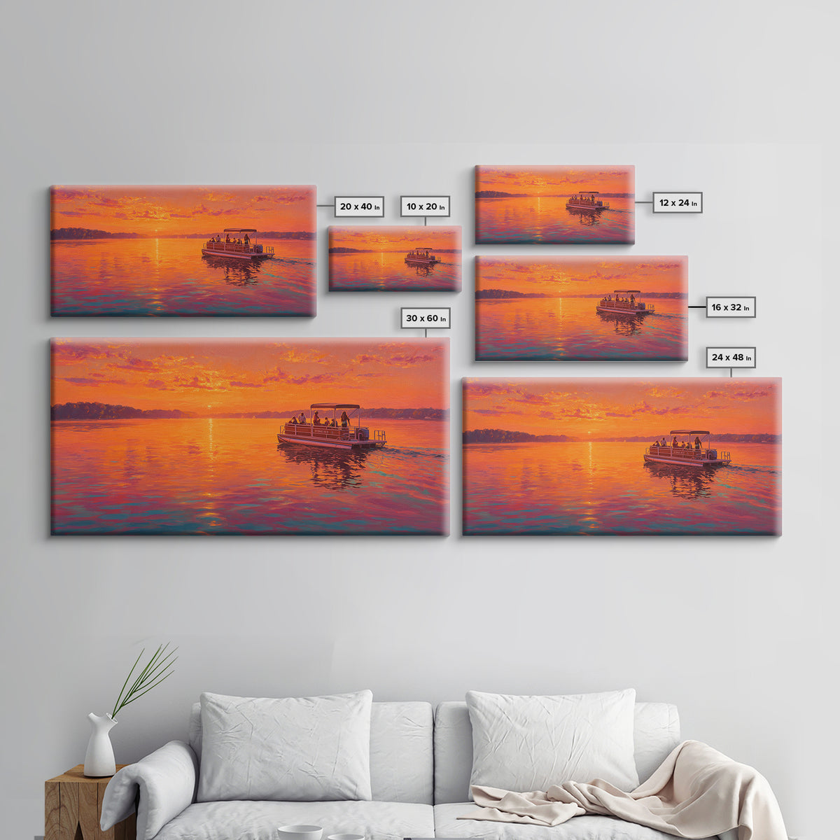 Orange Sunset Pontoon Boat On Calm Lake Framed Canvas Print, Lake House Wall Art, Nautical Decor, Summer Home Decor, Gift For Him