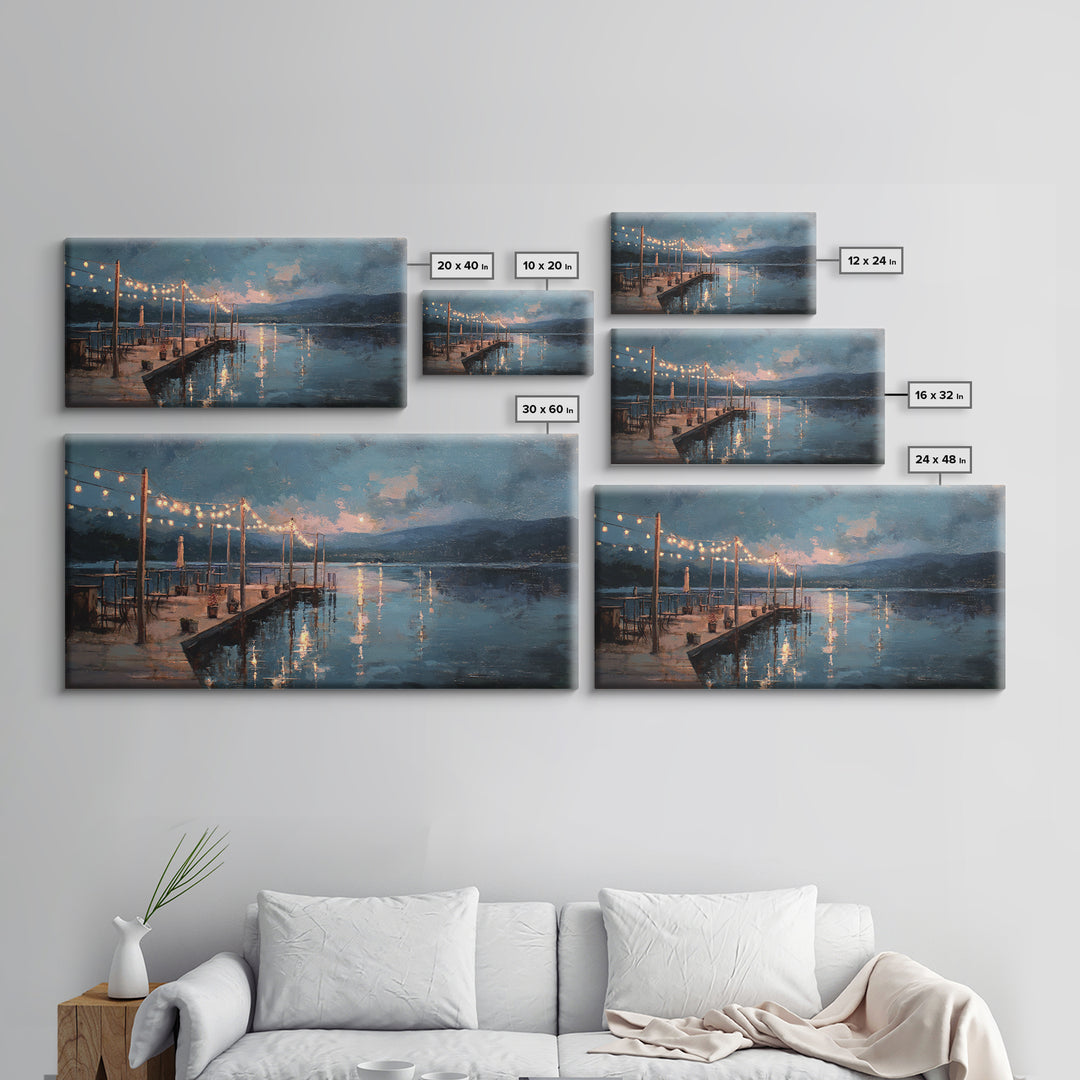 Moonlit Dock With String Lights Framed Canvas Print, Moody Lake Wall Art, Coastal Wall Decor, Rustic Cabin Home Decor, Office Decor