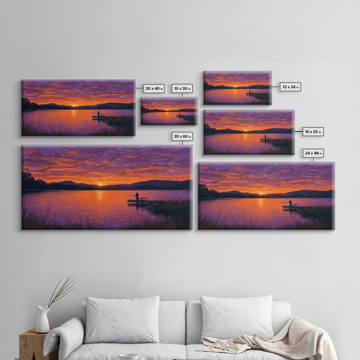 Solitary Figure On Dock At Purple Sunset Wall Art, Framed Canvas Print, Mountain Lake Decor, Peaceful Bedroom Art, Living Room Decor