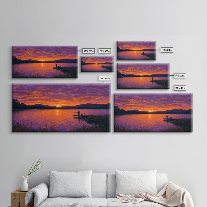 Solitary Figure On Dock At Purple Sunset Wall Art, Framed Canvas Print, Mountain Lake Decor, Peaceful Bedroom Art, Living Room Decor