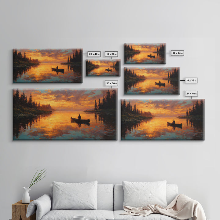 Golden Canoe At Sunset On Quiet Forest Lake Canvas Print, Rustic Cabin Wall Art, Nature Decor, Landscape Painting, Lake House Decor