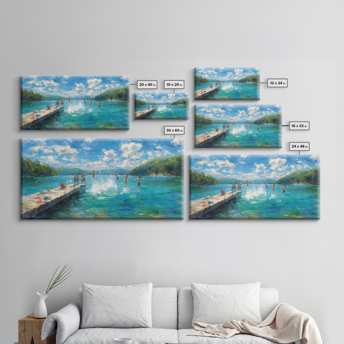 Joyful Summer Kids Jumping Into Blue Lake Artwork, Vibrant Landscape Canvas Print, Wall Art For Family Room And Children's Bedroom Decor