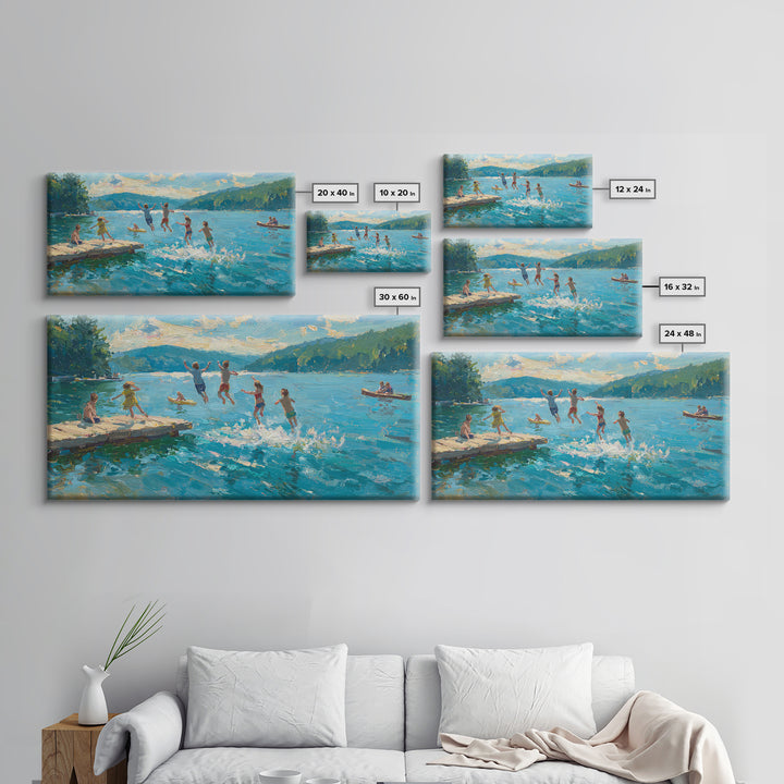 Children Jumping Into Lake On Summer Day With Vibrant Blue Water And Green Landscape Wall Art Canvas Print For Home Decor