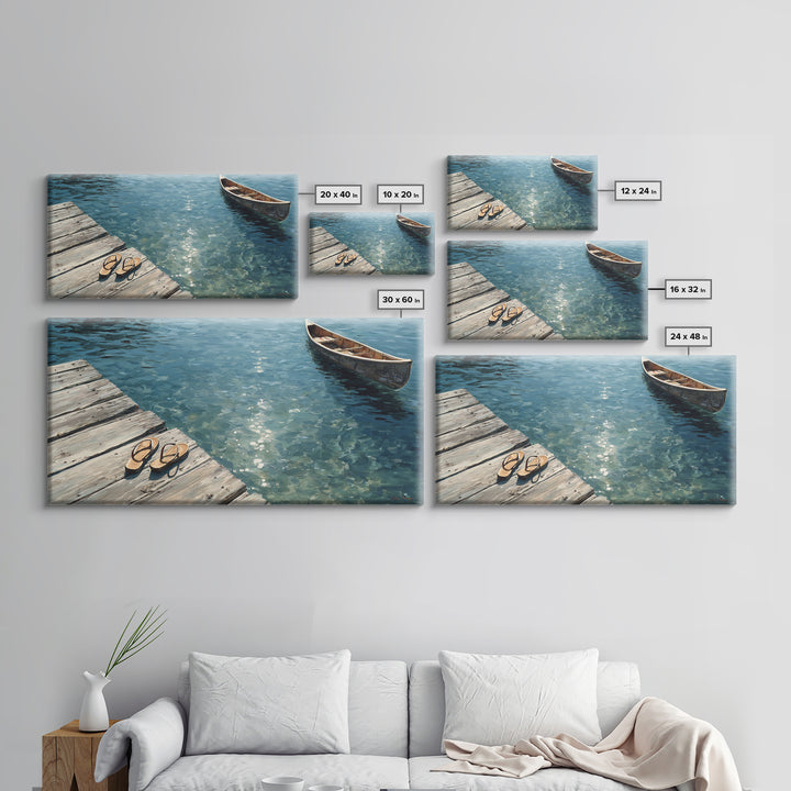 Serene Lake View With Wooden Boat And Dock Landscape Wall Art Framed Canvas Print For Coastal Home Decor