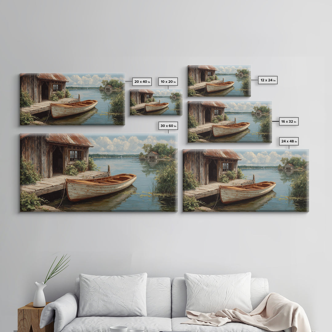 Rustic Waterfront Scene With Wooden Rowboat And Weathered Dock Painting Wall Art Canvas Print For Living Room Decor