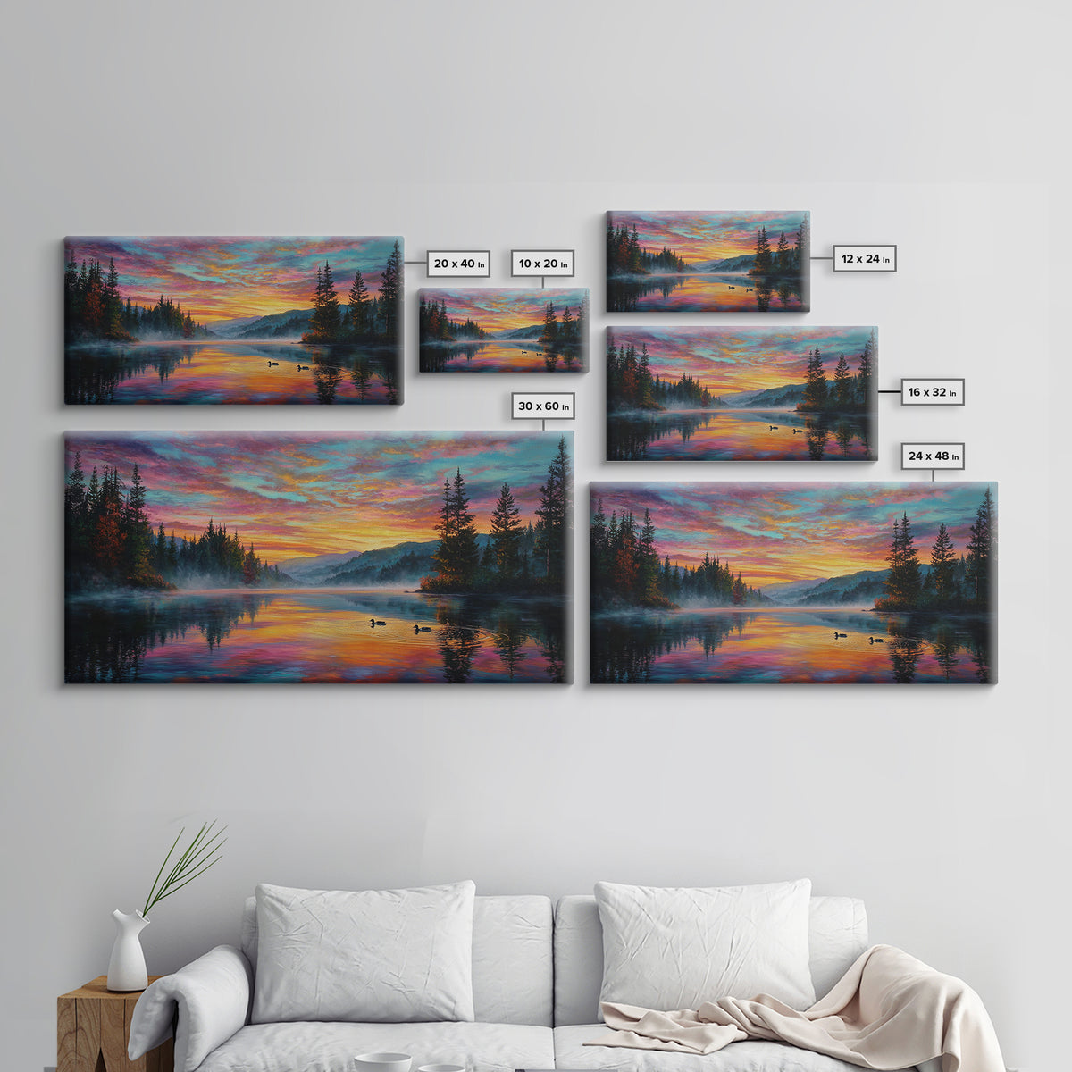 Serene Misty Lake Sunset Landscape Painting Wall Art Canvas Print For Tranquil Living Room Décor