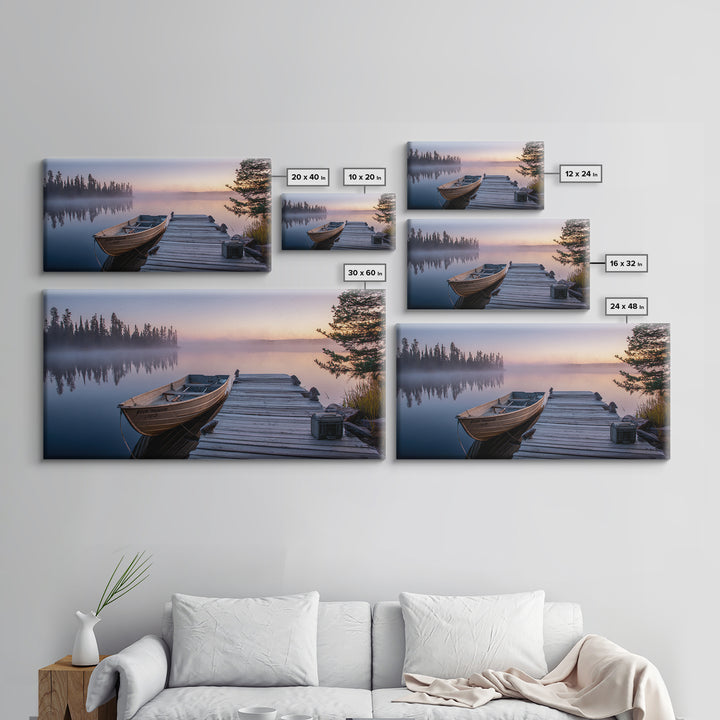 Misty Lake Morning With Boat And Trees Soft Pastel Landscape Wall Art For Rustic Home Decor And Large Framed Canvas Print