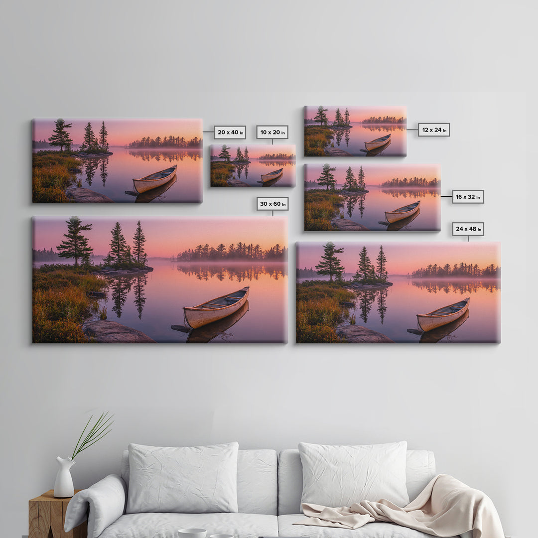 Peaceful Canoe On Misty Calm Lake At Sunrise Nature Wall Art Canvas Print For Tranquil Home Decor