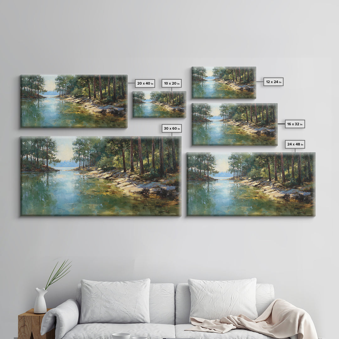 Woodland Landscape Painting With Misty Lake Framed Canvas Print Wall Art Rustic Nature Home Decor Large Art Print
