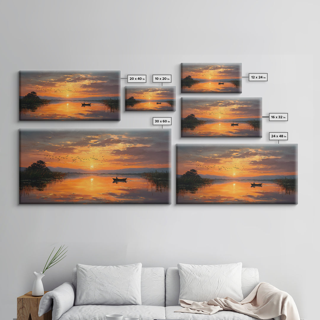 Majestic Sunset Over Calm River With Birds Flying Silhouettes Realistic Painting Wall Art Framed Canvas Print For Serene Decor