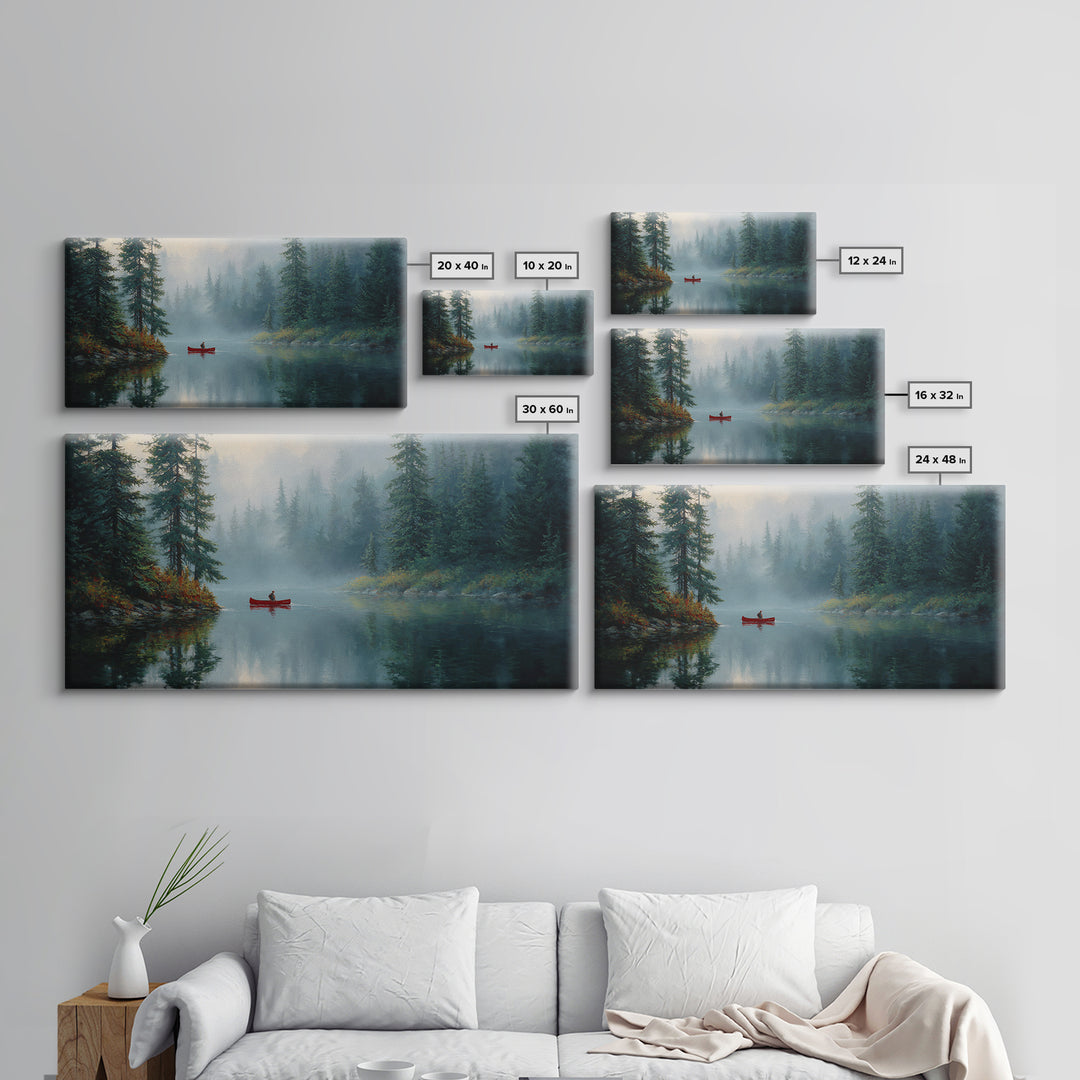Peaceful Forest Lake With Canoe And Mist Landscape Oil Painting Canvas Print Large Wall Art For Cozy Living Room Decor