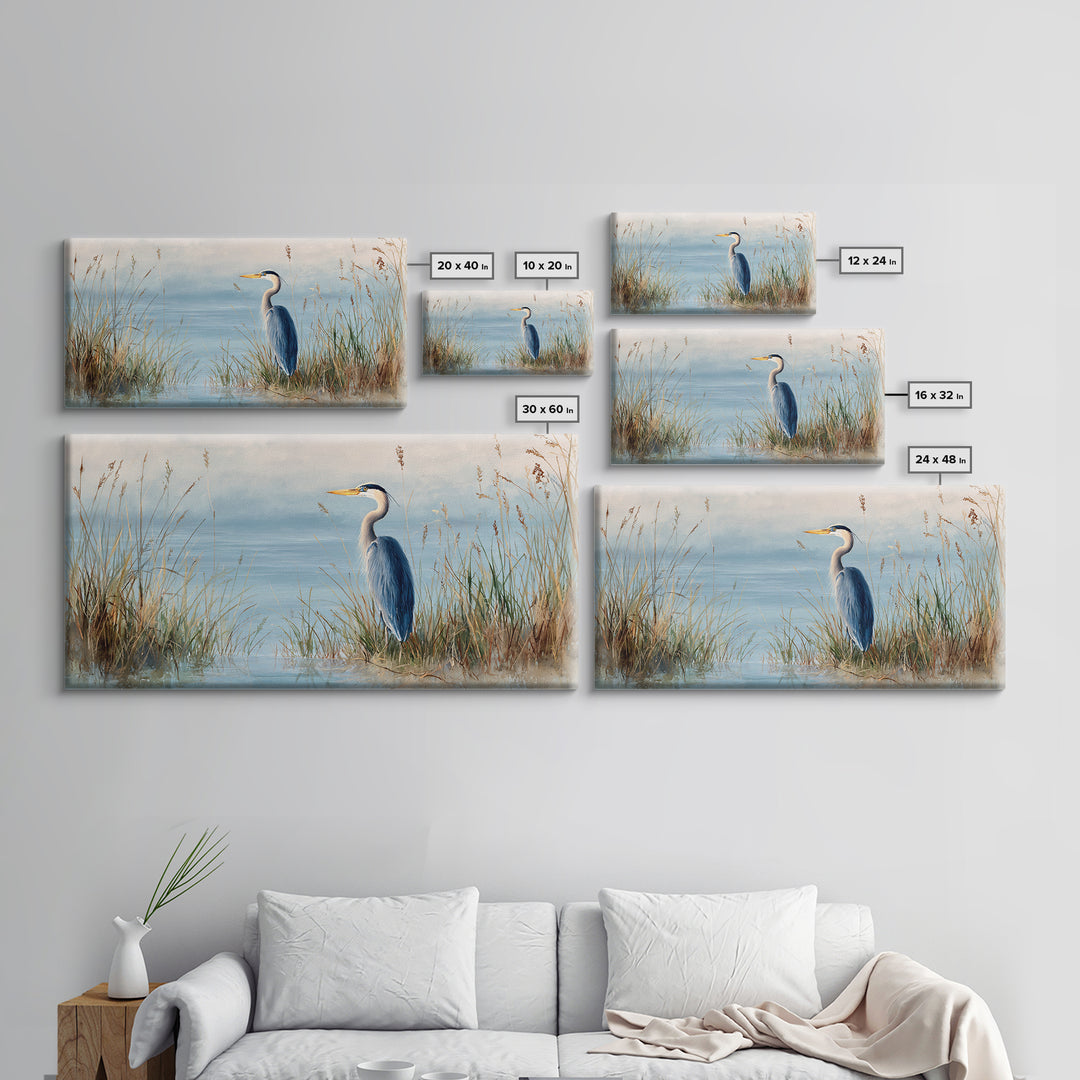 Serene Blue Heron In Marsh Landscape Painting Fine Art Print Framed Canvas Print Coastal Wall Art Quiet Nature Decor