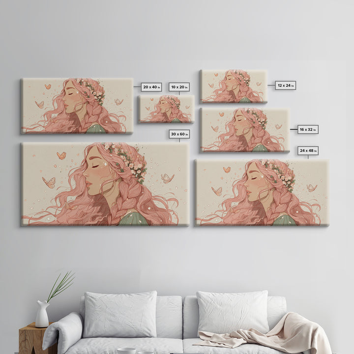 Pink Braided Floral Woman Portrait Wall Art, Feminine Boho Decor, Whimsical Butterfly Canvas Art, Gift For Her, Living Room Decor