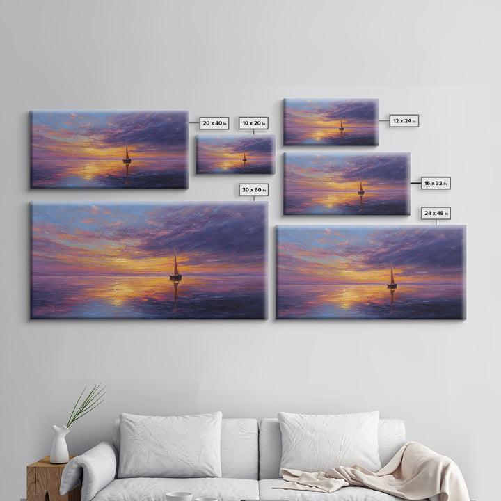 Sailboat Sunset Canvas Print Colorful Seascape Wall Art Modern Coastal Home Decor Nautical Poster