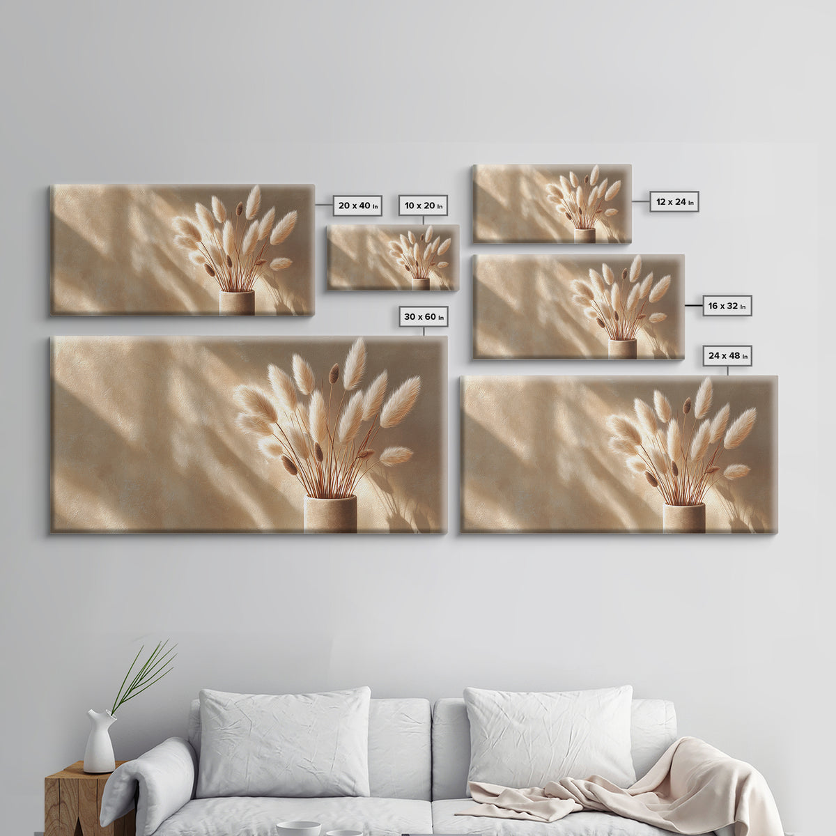 Soft Pampas Grass In Beige Sunlight Canvas Print, Minimalist Neutral Wall Art, Japandi Bedroom Decor Gift For Her, Modern Home Decor