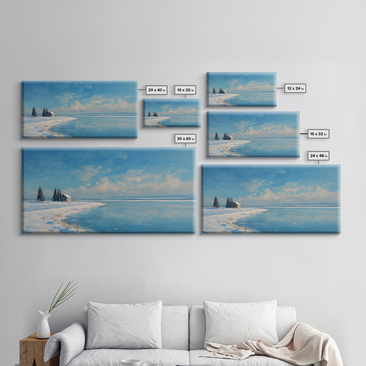 Serene Winter Lake Landscape Painting With Snowy Cabin And Pine Trees Art Print Wall Art Canvas Print For Home Decor
