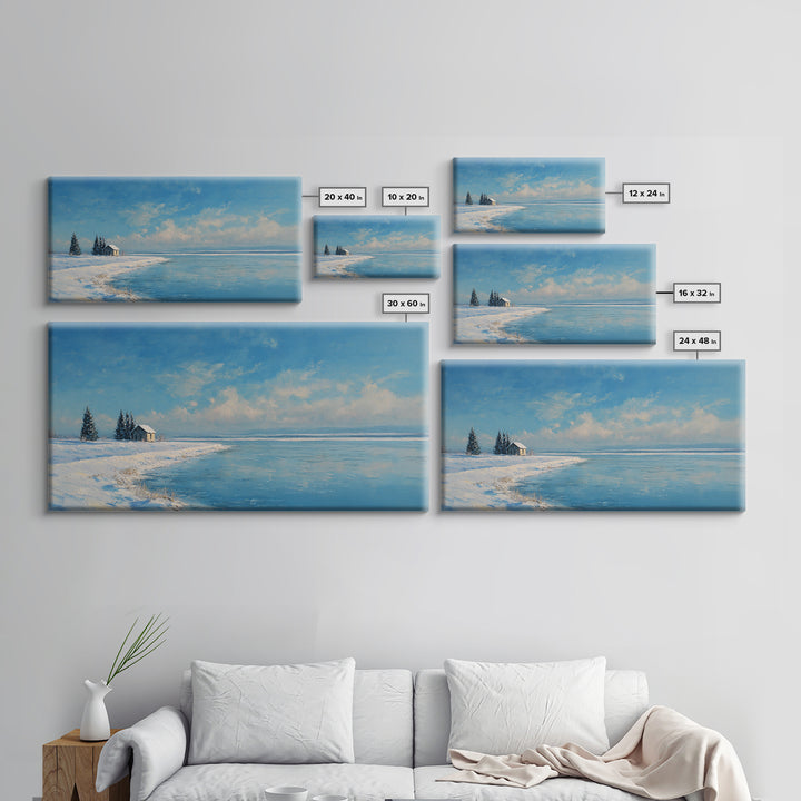 Serene Winter Lake Landscape Painting With Snowy Cabin And Pine Trees Art Print Wall Art Canvas Print For Home Decor