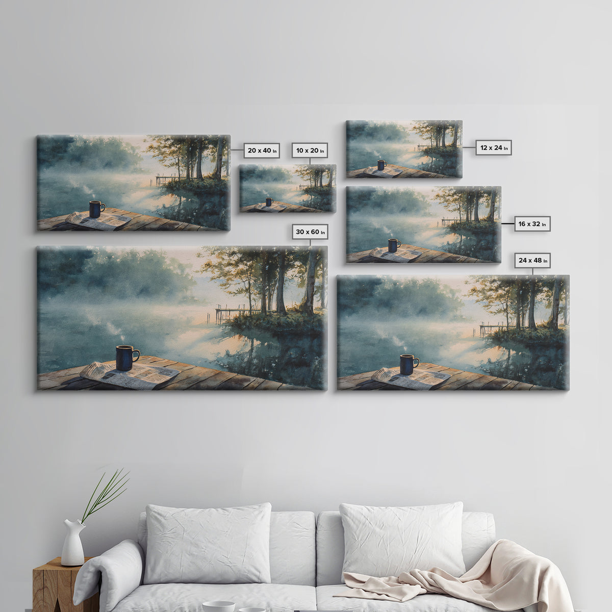 Morning Misty Lake With Coffee Cup Rustic Watercolor Painting Wall Art Framed Canvas Print